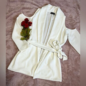 PrettyLittleThing White Cold Shoulder Tie Waist Blazer - Medium (UK 12)